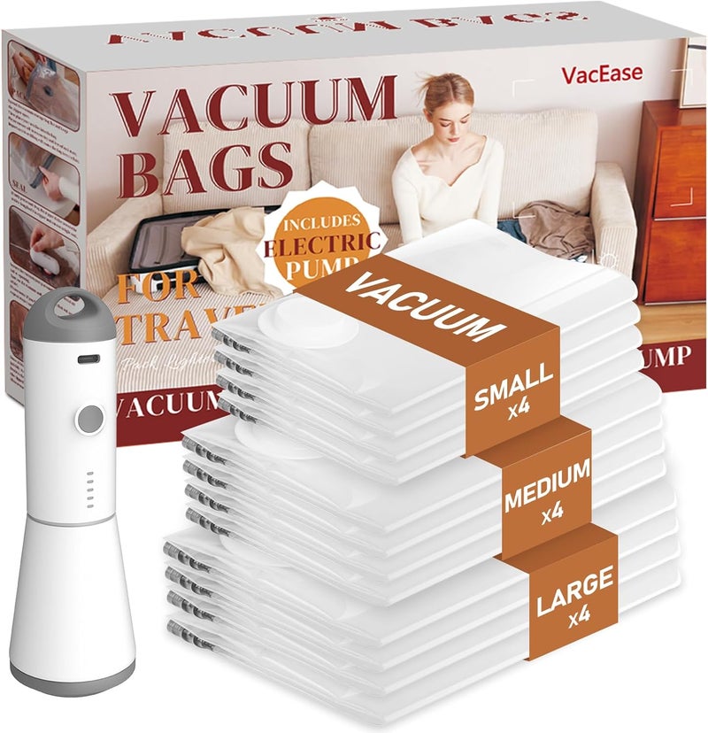 Vacbird Travel Vacuum Storage Bags with Rechargeable Cordless Pump, 12 Pack Vacuum Seal Bags for Clothing(4 Large+4 Medium+4 Small), Compression Packing for Clothes Suitcase Luggage Blanket Pillows - Image 1